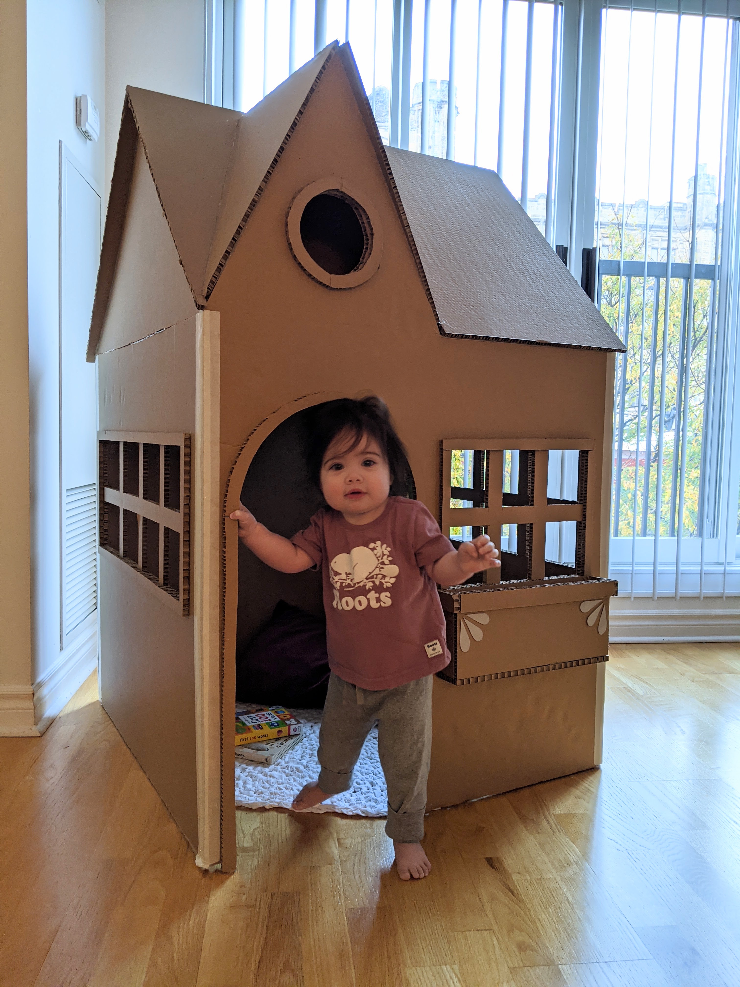 Photo of handmade playhouse made from cardboard